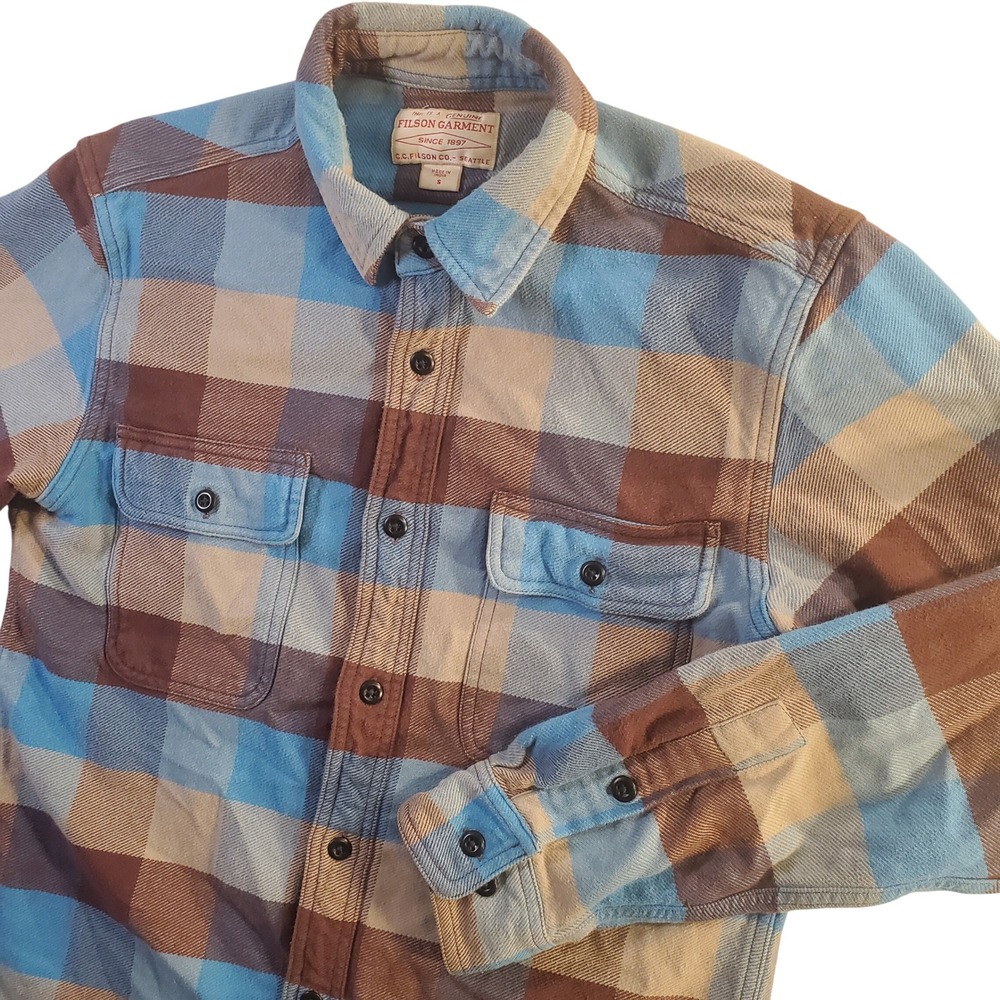Filson Mens Field Flannel Shirt Blue Brown Plaid Cotton Button Front Small